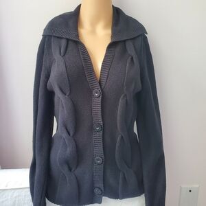 Amber Sun Black Women's Cable Knit Button Up Cardigan Spread Collard XS Casual